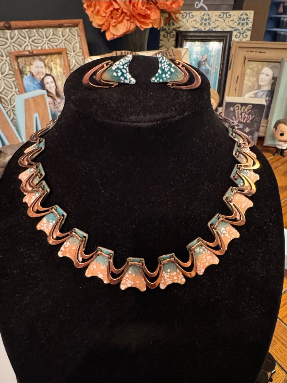 Vintage MCM Matisse Copper Necklace and Clip-On Earrings in Turquoise and Coral
